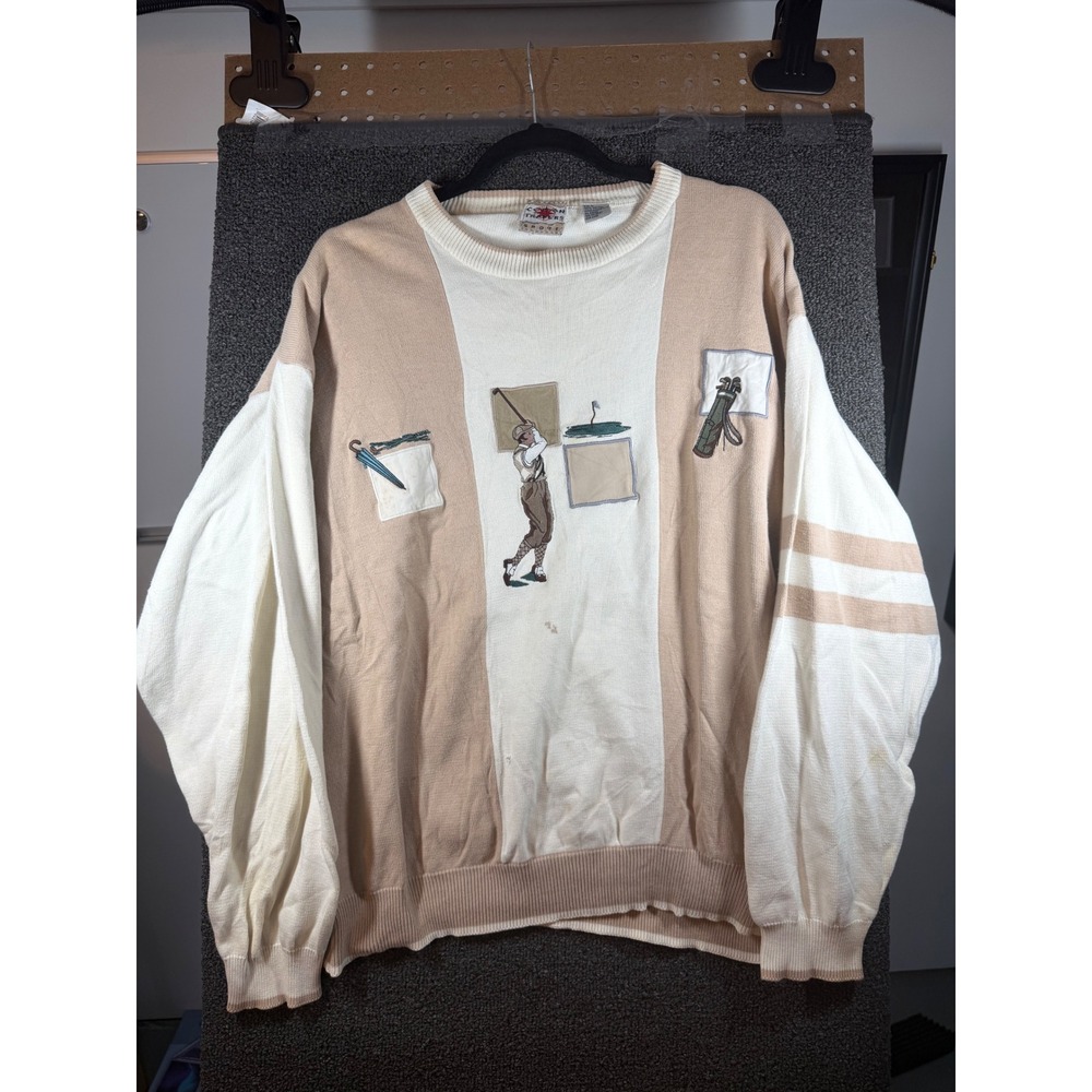 Cotton Traders Sweater Mens L Tan Cream Vintage Golf Embroidered Cotton Pullover